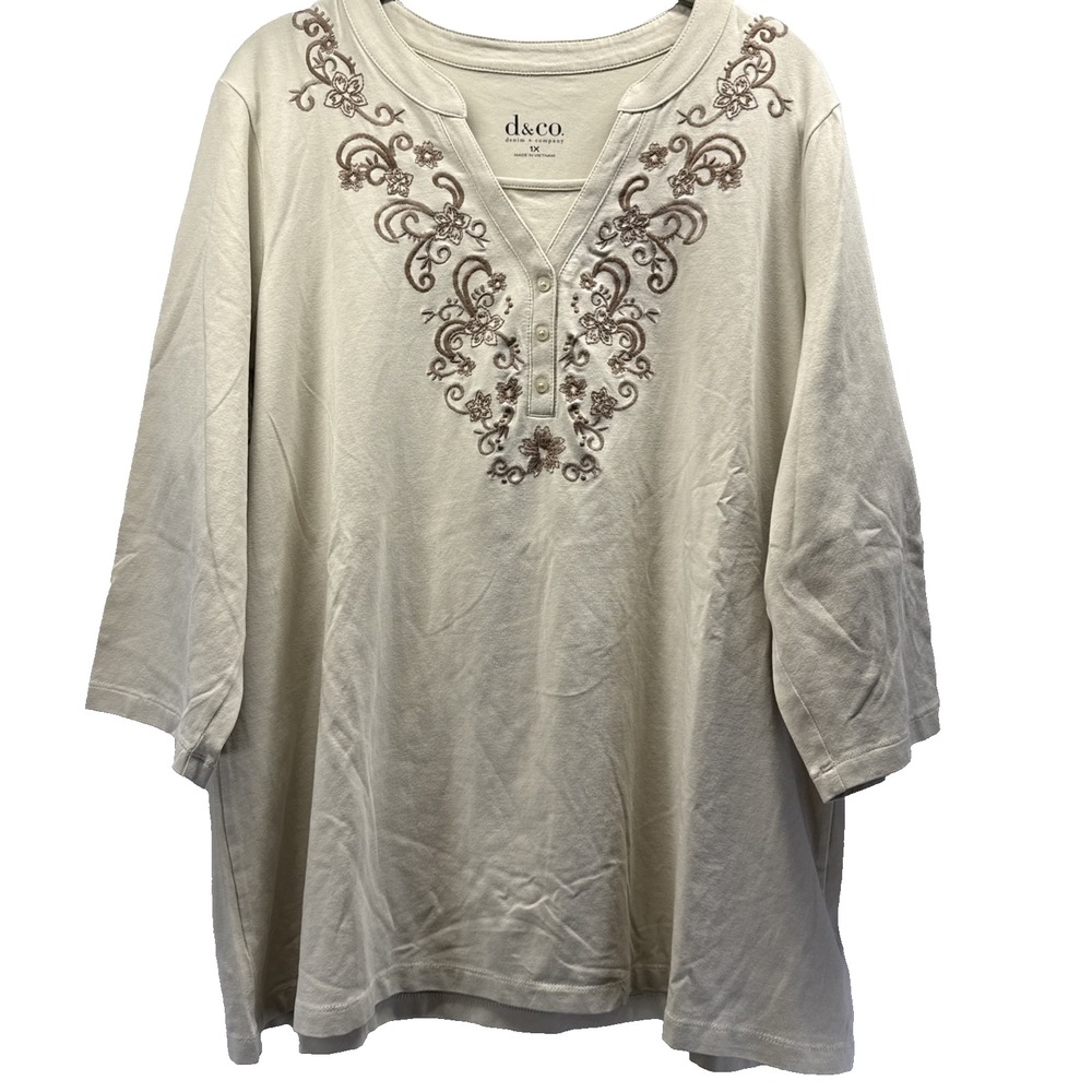 Denim & Co Women's Top Size 1X Plus Beige Embroidered Brown 3/4 Sleeves Pullover